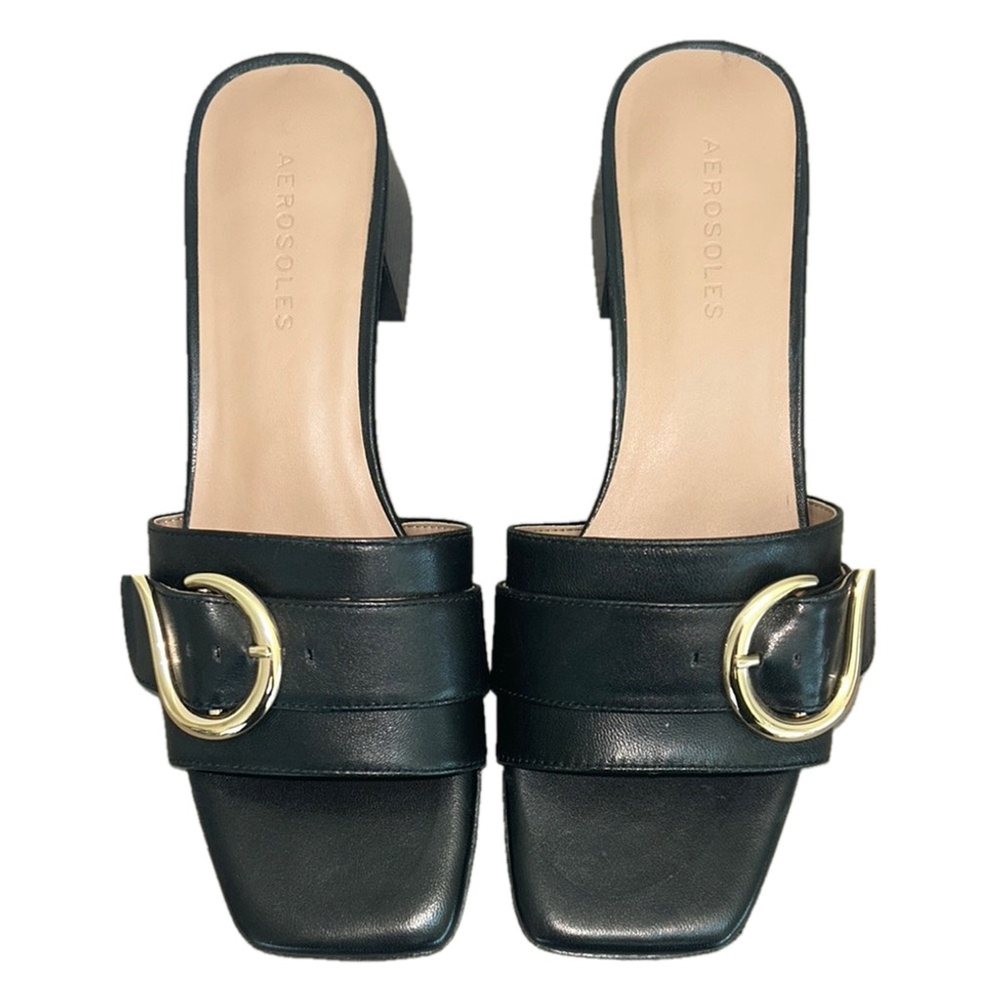 Aerosols: Black and Gold Mules with Gold Buckle: Size 8
